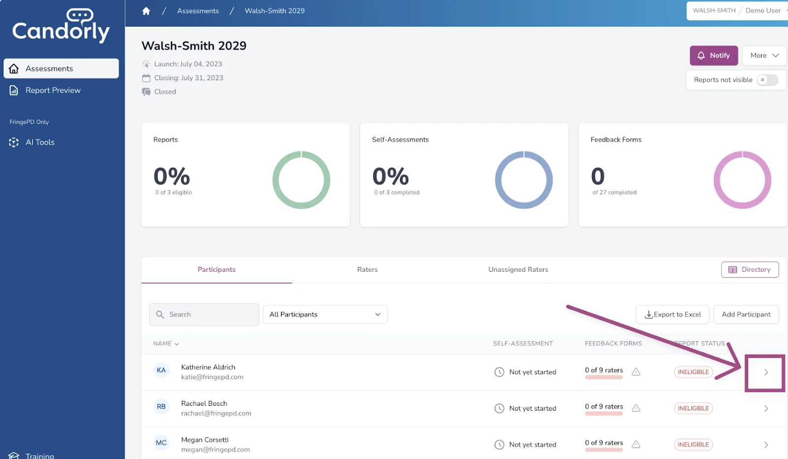 Opening an employee's User Dashboard from the assessment table