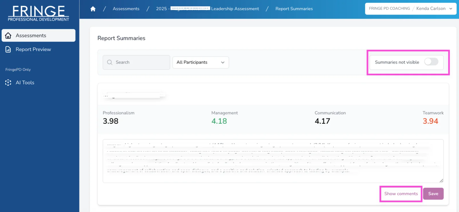 Report summaries with visibility toggle