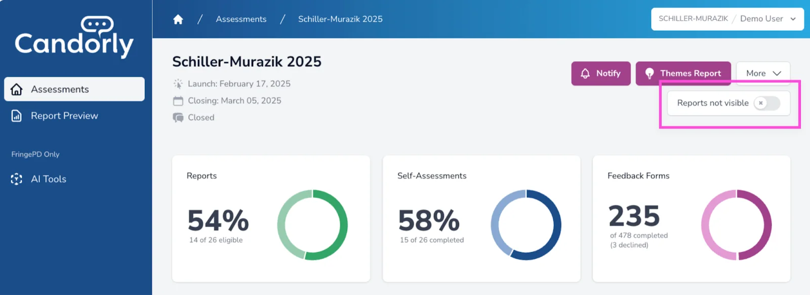 Reports Not Visible toggle on Assessment Dashboard