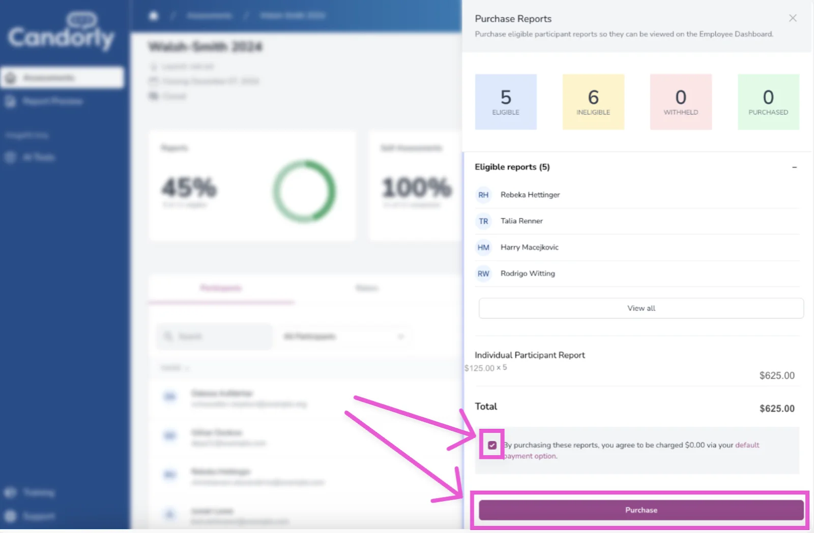 Purchase Reports page with confirmation checkbox