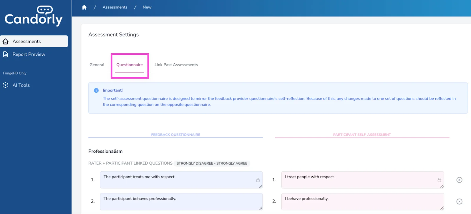Questionnaire tab with locked Touchstone questions