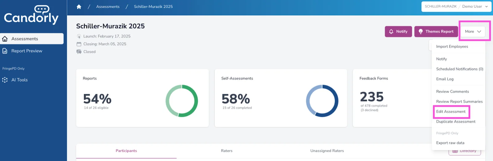 More dropdown menu with Edit Assessment option