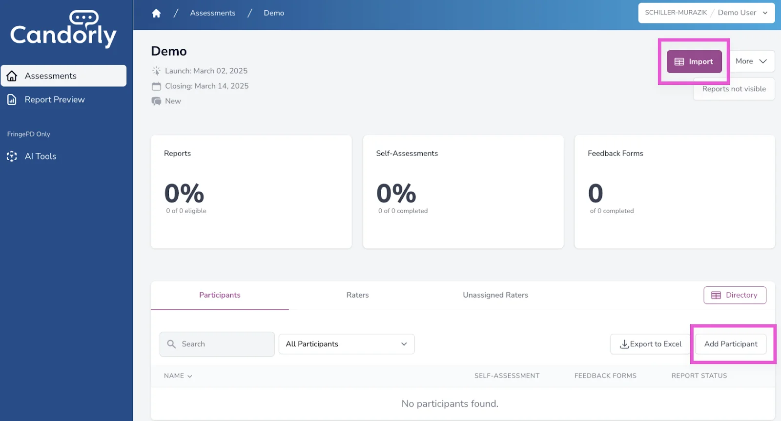 Import Participants button on Assessment Dashboard