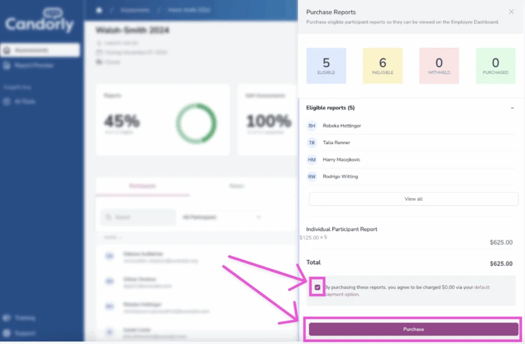 Purchase Reports page with confirmation checkbox and Purchase button