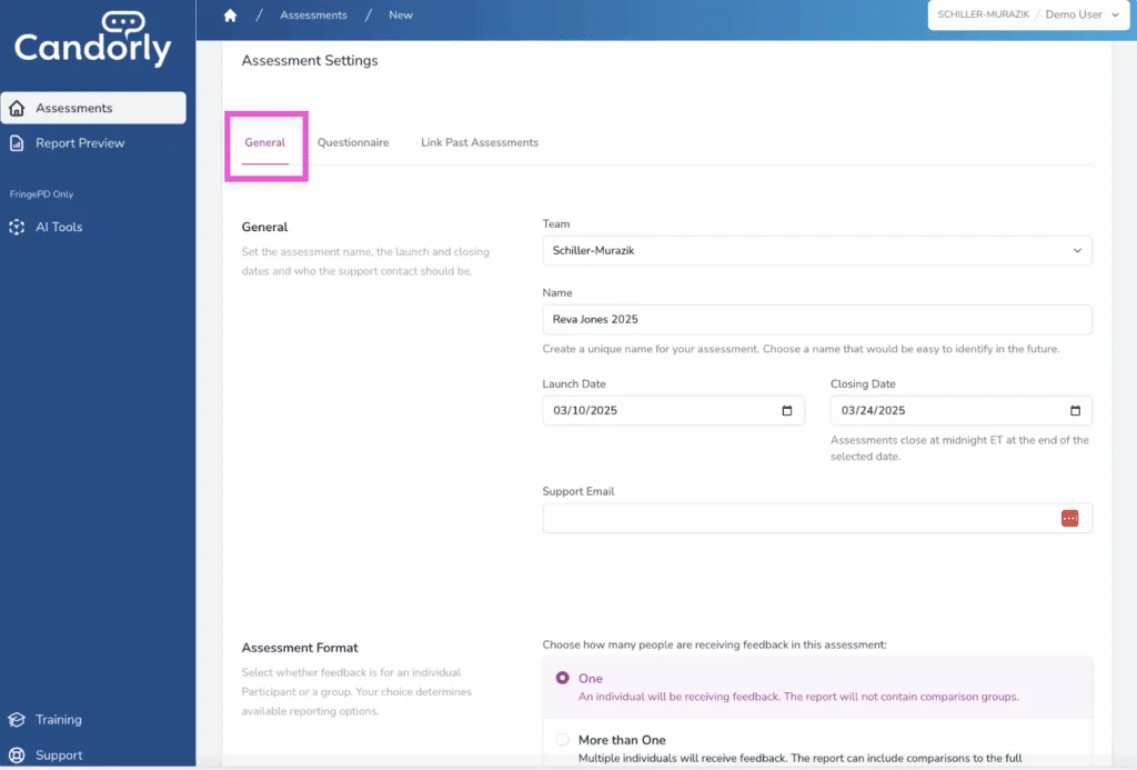 General tab Assessment Settings