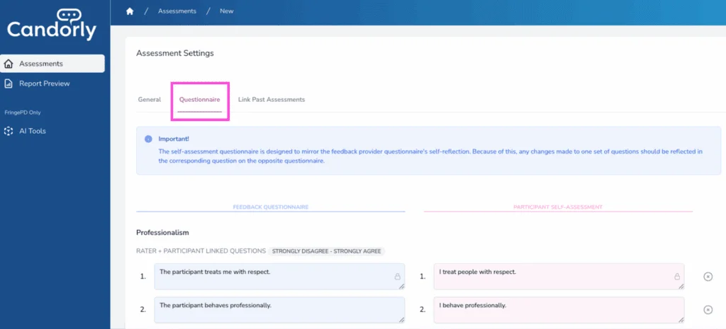 Questionnaire tab with locked Touchstone questions