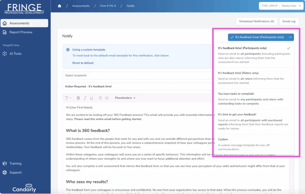 Email template dropdown in Notify Hub